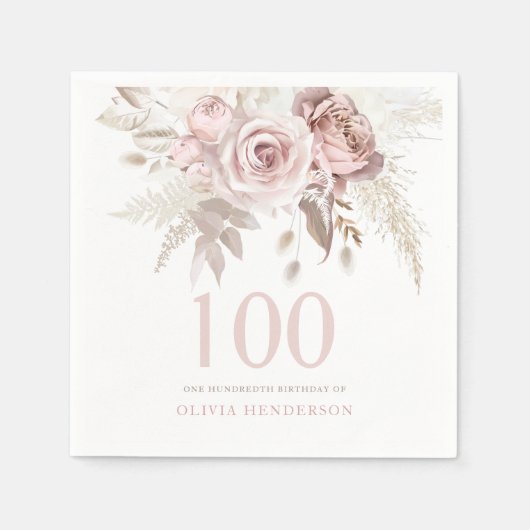赤面ピンクローズフラワーズ100thバースデーパーティーイベント スタンダードカクテルナプキン (正面)