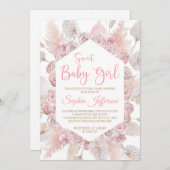 赤面ピンクローズフラワーベビーシャワー招待状 招待状 (正面/裏面)