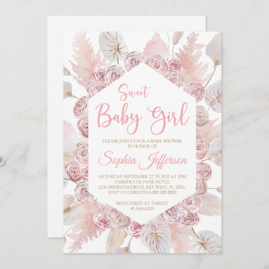 赤面ピンクローズフラワーベビーシャワー招待状 招待状 (正面/裏面)