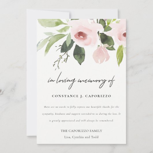 赤面ピンクローズフローラウォーターカラー悔やみや弔慰メモリアル サンキューカード (正面)