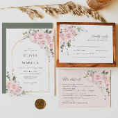 赤面ピンクローズフローラエレガントウェディングRSVPカード 出欠カード