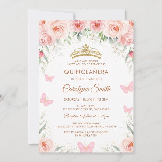 赤面ピンクローズフローラキンセアナバタフライ 招待状 (正面)