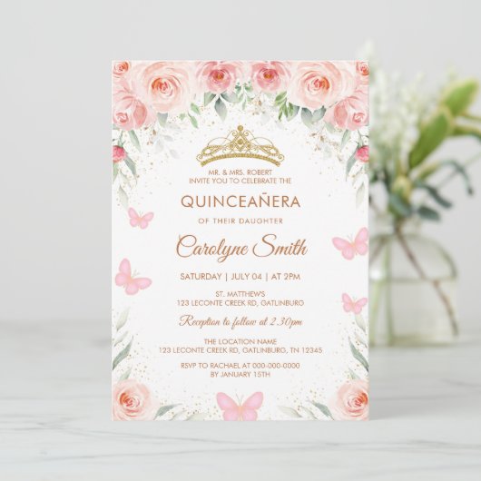 赤面ピンクローズフローラキンセアナバタフライ 招待状 (スタンド正面)