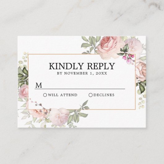 赤面ピンクローズフローラキンセアニェラRSVP エンクロージャーカード (正面)