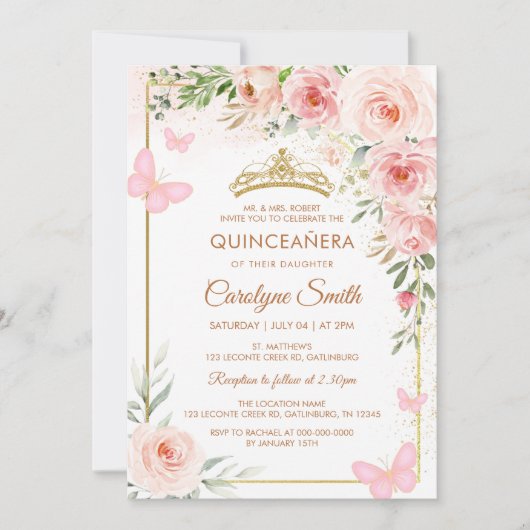 赤面ピンクローズフローラキンセアニラバタフライティアラ 招待状 (正面)