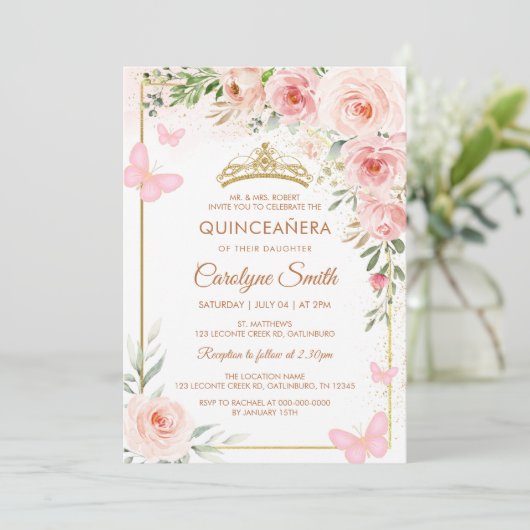 赤面ピンクローズフローラキンセアニラバタフライティアラ 招待状 (スタンド正面)