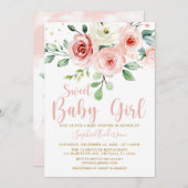 赤面ピンクローズフローラスイートベビーガールベビーシャワー 招待状 (正面/裏面)