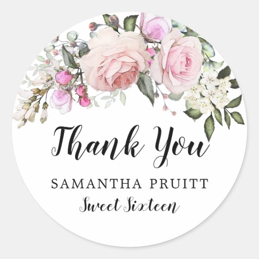 赤面ピンクローズフローラスウィート16サンキュー ラウンドシール (正面)