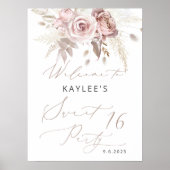 赤面ピンクローズフローラスウィート16誕生日歓迎 ポスター (正面)