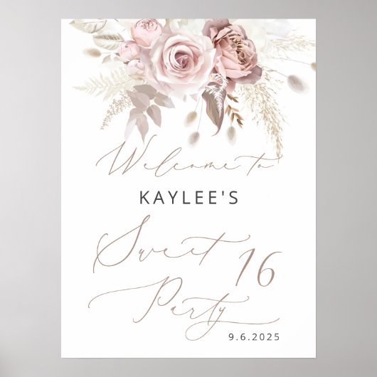 赤面ピンクローズフローラスウィート16誕生日歓迎 ポスター (正面)