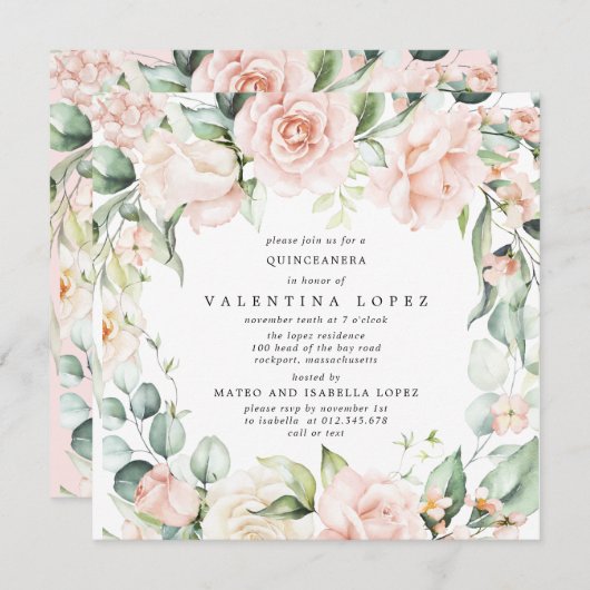 赤面ピンクローズフローラスクエアキンセアニェラ 招待状 (正面/裏面)