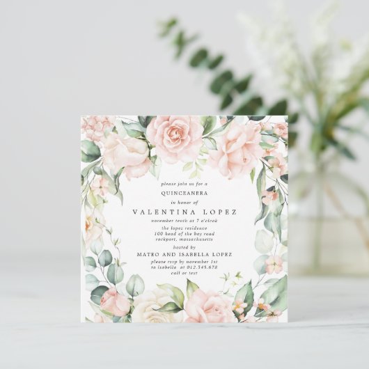 赤面ピンクローズフローラスクエアキンセアニェラ 招待状 (スタンド正面)