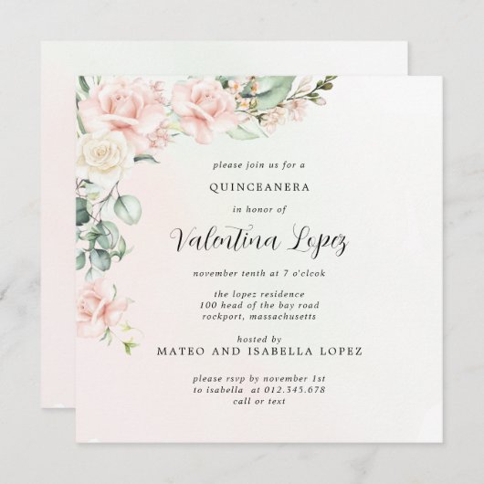 赤面ピンクローズフローラスクエアキンセアニェラ 招待状 (正面/裏面)