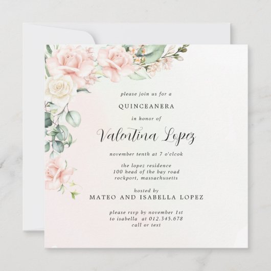 赤面ピンクローズフローラスクエアキンセアニェラ 招待状 (正面)