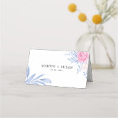 赤面ピンクローズフローラダスティブルー葉ズ結婚ズ プレイスカード (裏面)