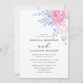 赤面ピンクローズフローラダスティブルー葉ズ結婚ズ 招待状 (正面)
