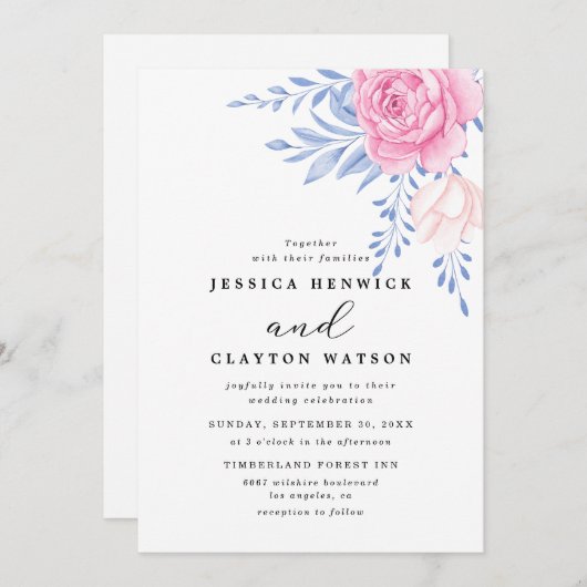 赤面ピンクローズフローラダスティブルー葉ズ結婚ズ 招待状 (正面/裏面)