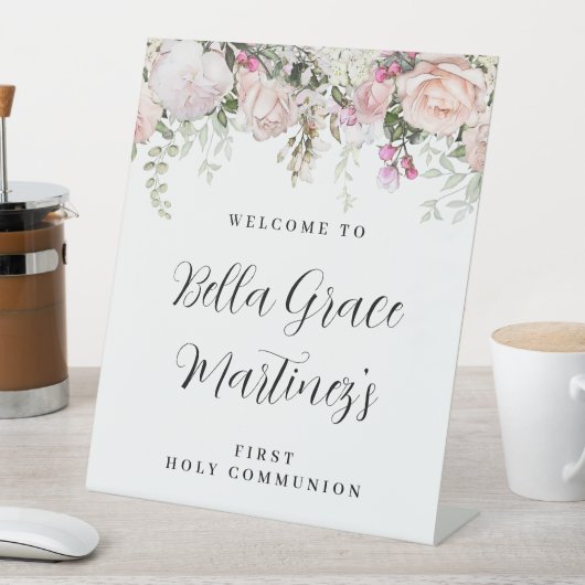 赤面ピンクローズフローラファーストコミュニオンウェルカム 台座サイン (インサイチュ)