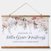 赤面ピンクローズフローラファーストコミューオンウェルカムバン 吊り下げ型タペストリー (正面)