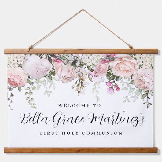 赤面ピンクローズフローラファーストコミューオンウェルカムバン 吊り下げ型タペストリー (正面)