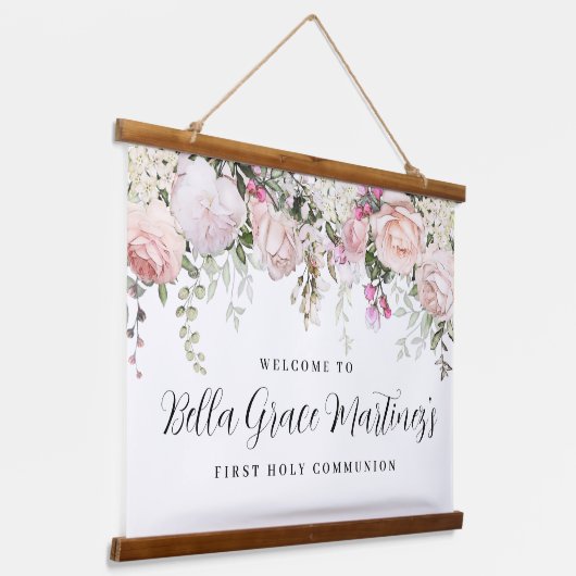 赤面ピンクローズフローラファーストコミューオンウェルカムバン 吊り下げ型タペストリー (傾斜あり)