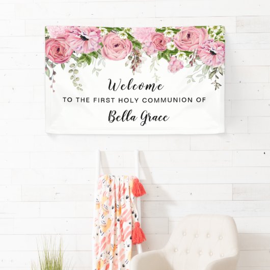 赤面ピンクローズフローラファーストコミューオンウェルカムバン 横断幕 (インサイチュ)