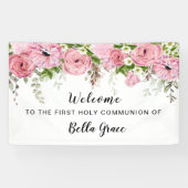 赤面ピンクローズフローラファーストコミューオンウェルカムバン 横断幕 (横)