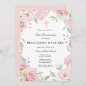 赤面ピンクローズフローラファーストコミューン 招待状 (正面/裏面)
