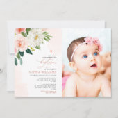 赤面ピンクローズフローラフォトガールバプテスマ 招待状 (正面)