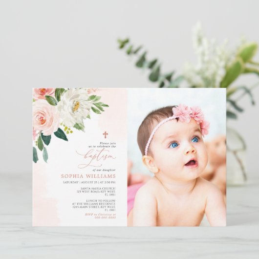 赤面ピンクローズフローラフォトガールバプテスマ 招待状 (スタンド正面)