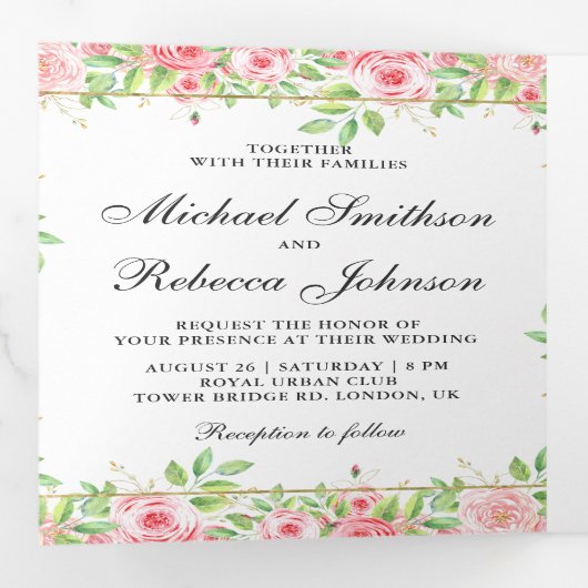 赤面ピンクローズフローラフォトコラージュ結婚ズ 三つ折り招待状 (内部最初)