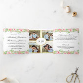 赤面ピンクローズフローラフォトコラージュ結婚ズ 三つ折り招待状 (内部)