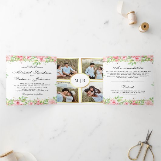 赤面ピンクローズフローラフォトコラージュ結婚ズ 三つ折り招待状 (内部)