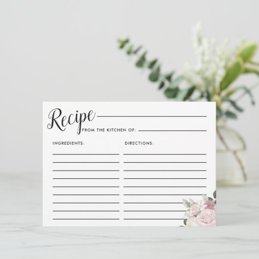 赤面ピンクローズフローラブライダルシャワーレシピカード エンクロージャーカード (スタンド正面)