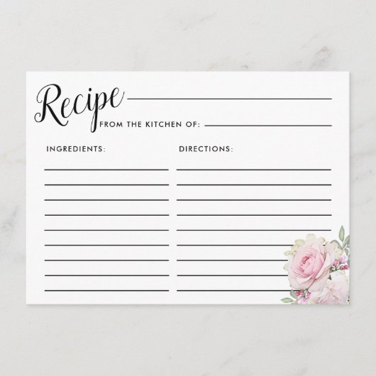 赤面ピンクローズフローラブライダルシャワーレシピカード エンクロージャーカード (正面)
