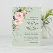 赤面ピンクローズフローラブーケオンセージ結婚ズ 招待状 (スタンド正面)