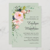 赤面ピンクローズフローラブーケオンセージ結婚ズ 招待状 (正面/裏面)