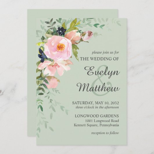 赤面ピンクローズフローラブーケオンセージ結婚ズ 招待状 (正面/裏面)