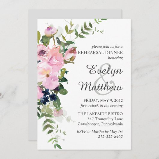 赤面ピンクローズフローラブーケグレーリハーサル 招待状 (正面/裏面)