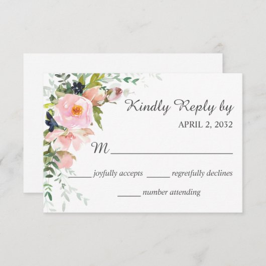 赤面ピンクローズフローラブーケ結婚ス 出欠カード (正面/裏面)