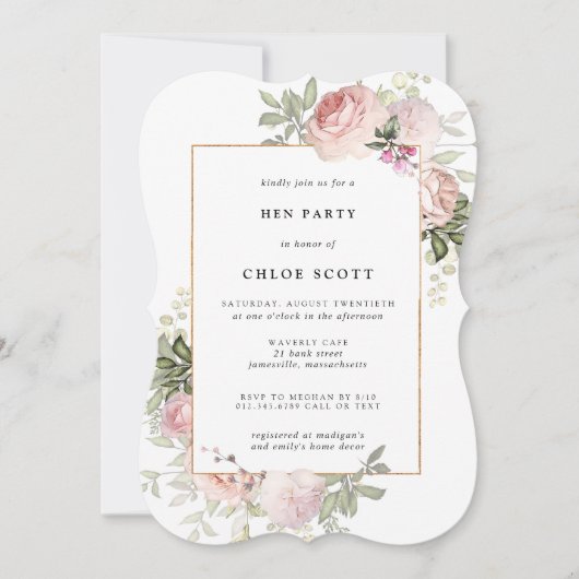 赤面ピンクローズフローラヘンパーティー招待状 招待状 (正面)