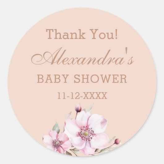 赤面ピンクローズフローラベビーシャワーありがとう ラウンドシール (正面)