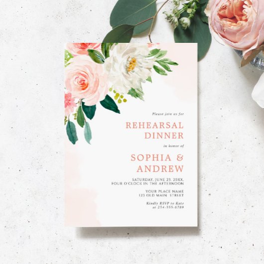 赤面ピンクローズフローラリハーサルディナー招待状 招待状