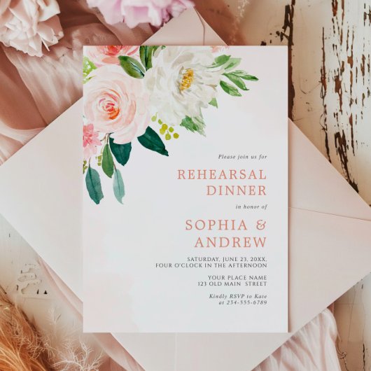 赤面ピンクローズフローラリハーサルディナー招待状 招待状