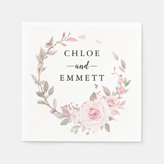 赤面ピンクローズフローラリース スタンダードカクテルナプキン (正面)