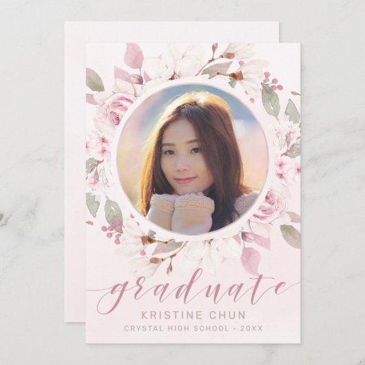 赤面ピンクローズフローラ写真2025卒業 案内状 (正面/裏面)