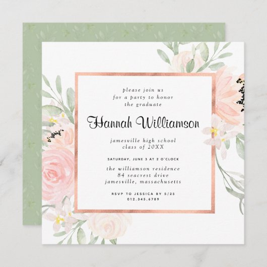 赤面ピンクローズフローラ卒業パーティー 招待状 (正面/裏面)