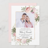 赤面ピンクローズフローラ婚約パーティ写真 招待状 (正面/裏面)