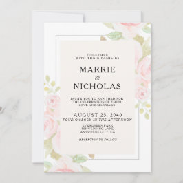 赤面ピンクローズフローラ水の色の結婚式の招待