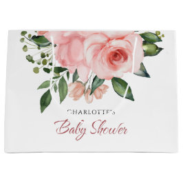 赤面ピンクローズフローラ水彩赤ちゃんシャワー ラージペーパーバッグ